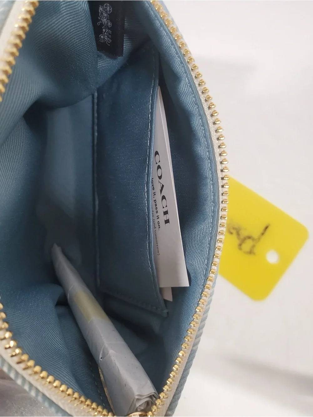 Coach Blue Gingham Wristlet Pouch with Cherry charm NWT